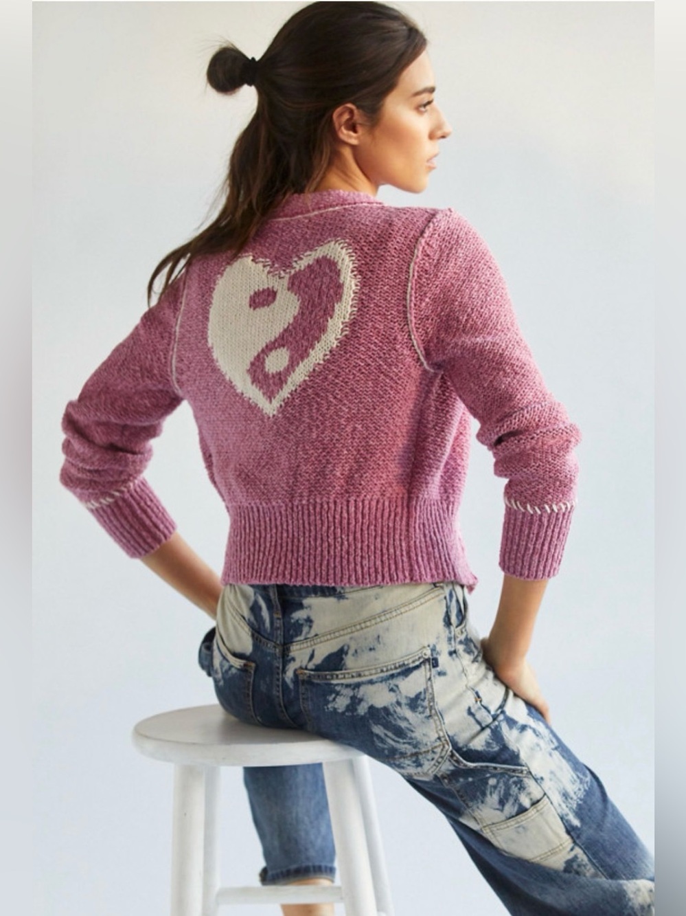 Pilcro by Anthropologie Icon Cardigan Sweater with Cream Heart Yin-Yang